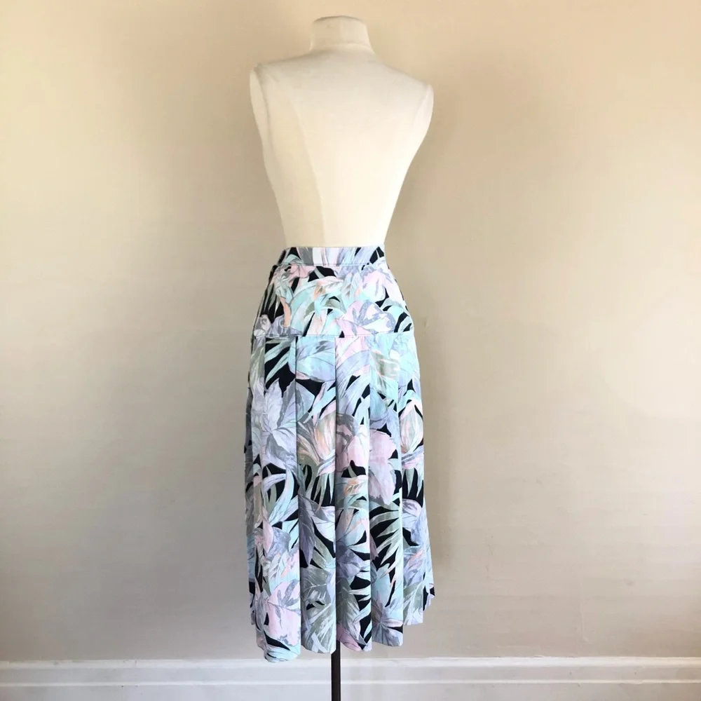vintage pastel black‎ floral tricks print midi skirt | 80s botanical pleated